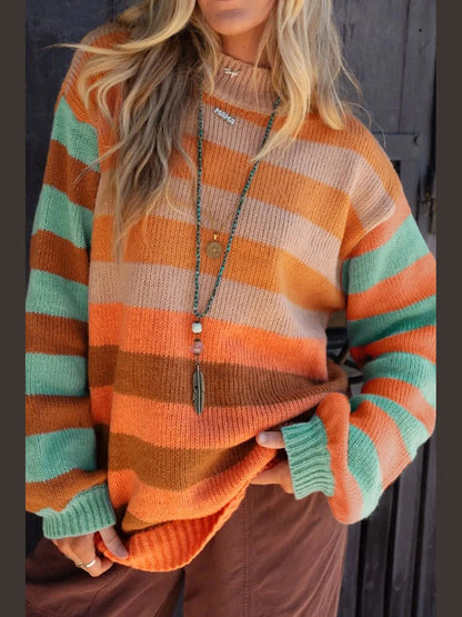 Women Striped Rainbow Long Sleeve Sweater nicholesgifts