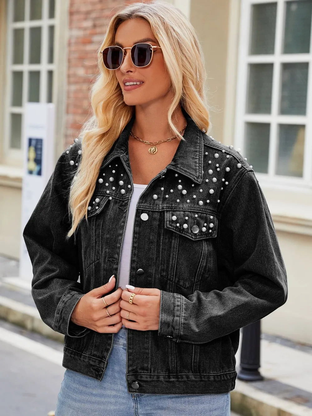 Pearl Detail Collared Neck Long Sleeve Denim Jacket nicholesgifts