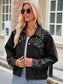 Pearl Detail Collared Neck Long Sleeve Denim Jacket nicholesgifts