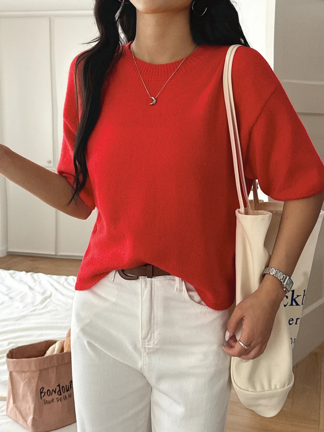 Ribbed Hem Round Neck Sweater Trendsi