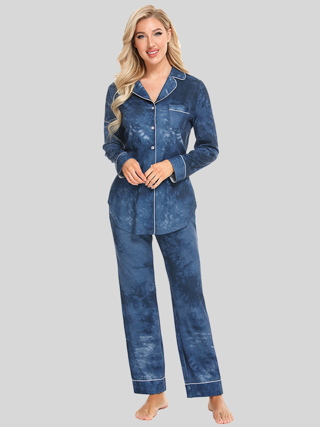Collared Neck Long Sleeve Loungewear Set with Pockets nicholesgifts