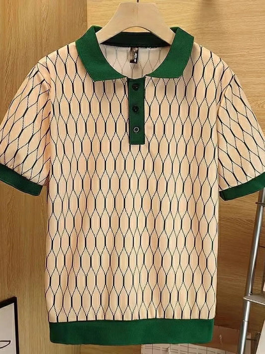 Men's Plus Size Diamond Pattern Contrast Collar Knit Polo Trendsi