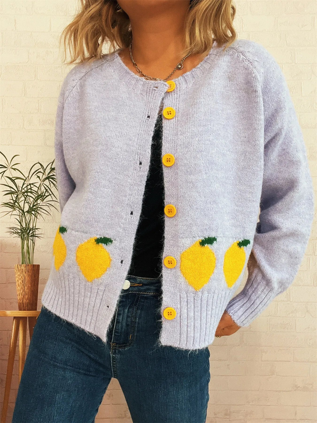 Lemon Pattern Button-Up Cardigan