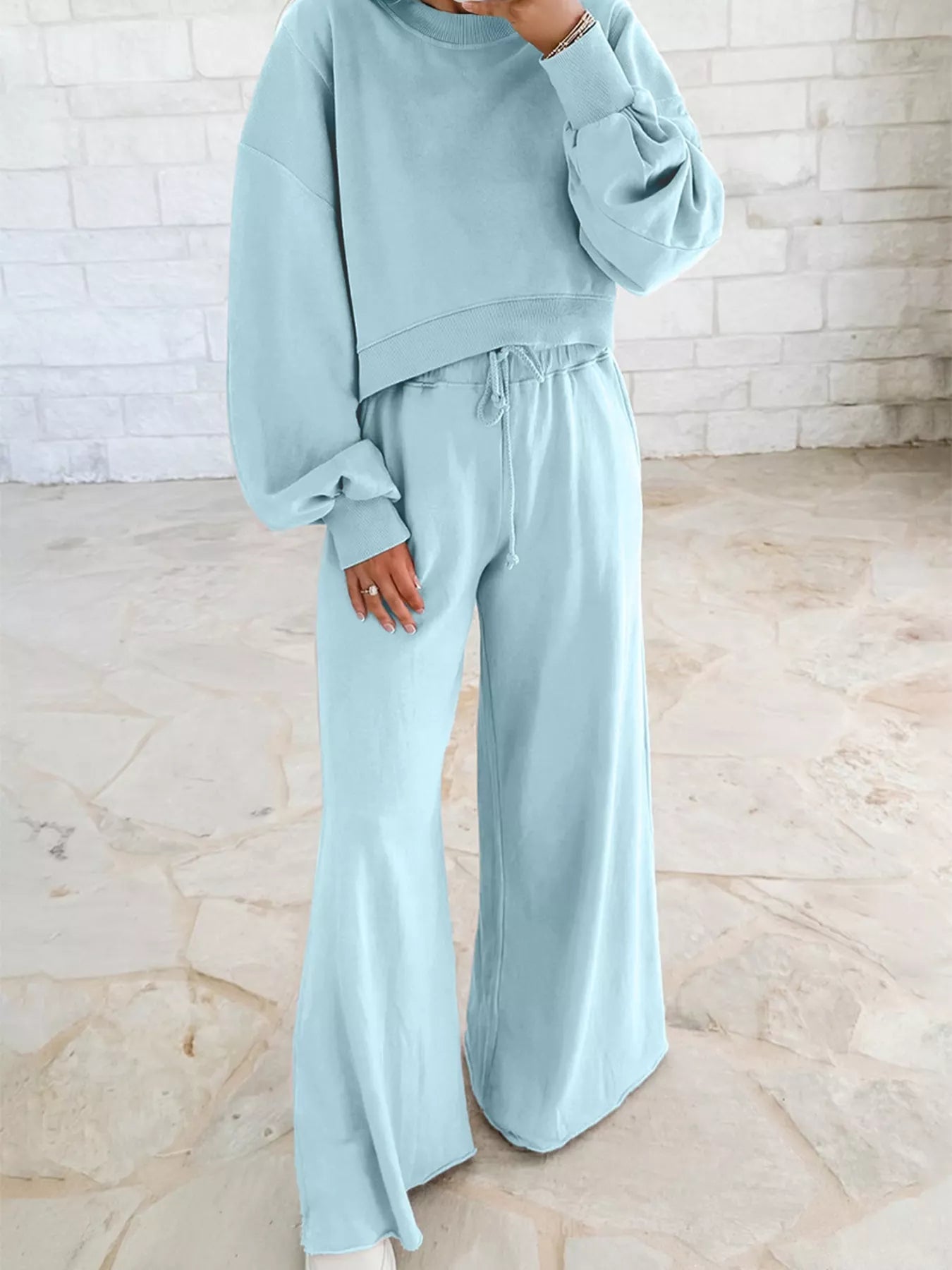 Drop Shoulder Puff Sleeve Crop Top and Drawstring Wide Leg Pants Set Trendsi