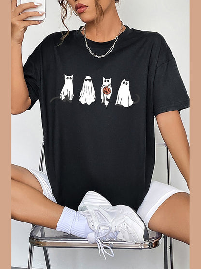 Women Round Neck Short Sleeve Ghost Graphic Halloween T-Shirt nicholesgifts