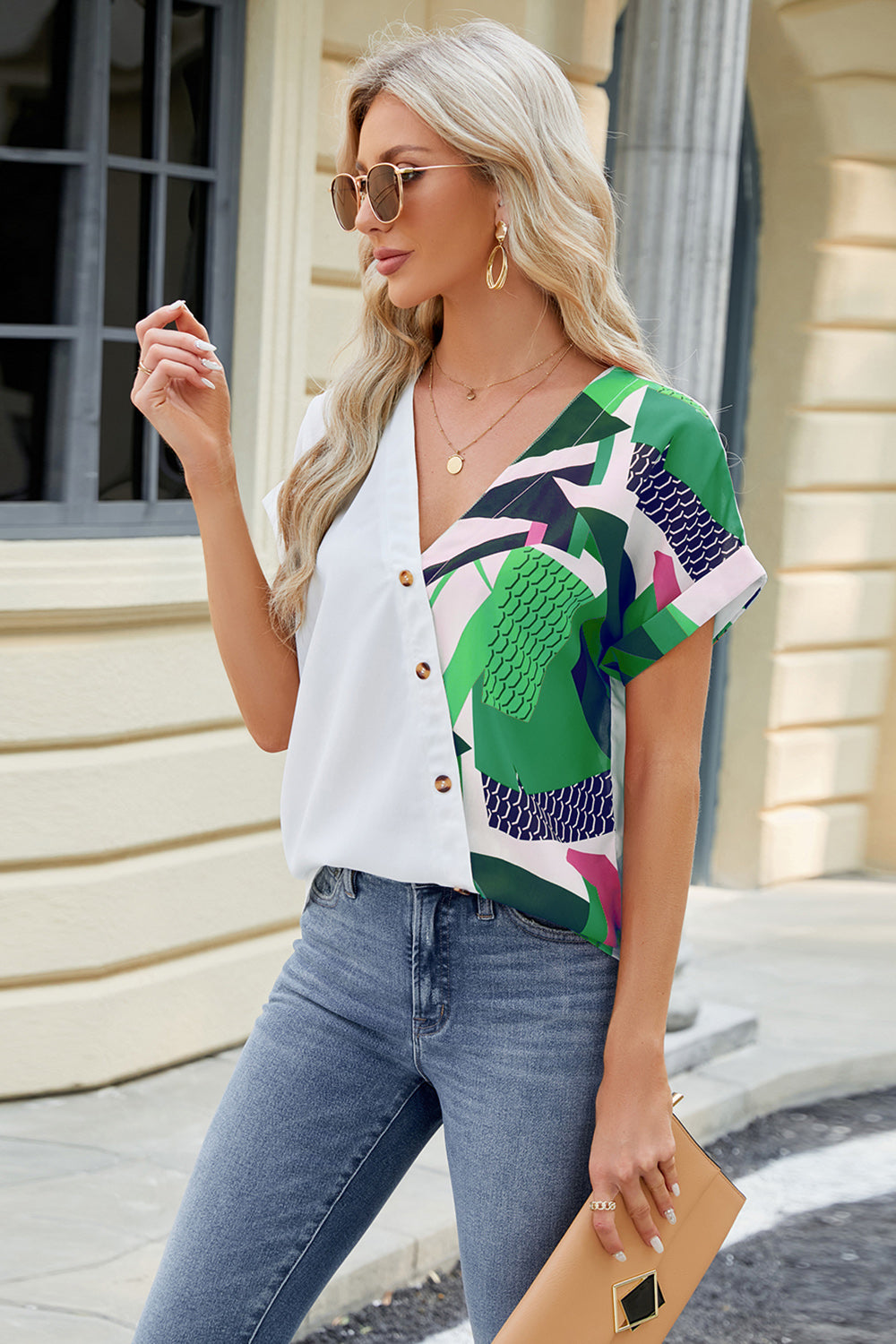 Printed Surplice Short Sleeve Blouse nicholesgifts