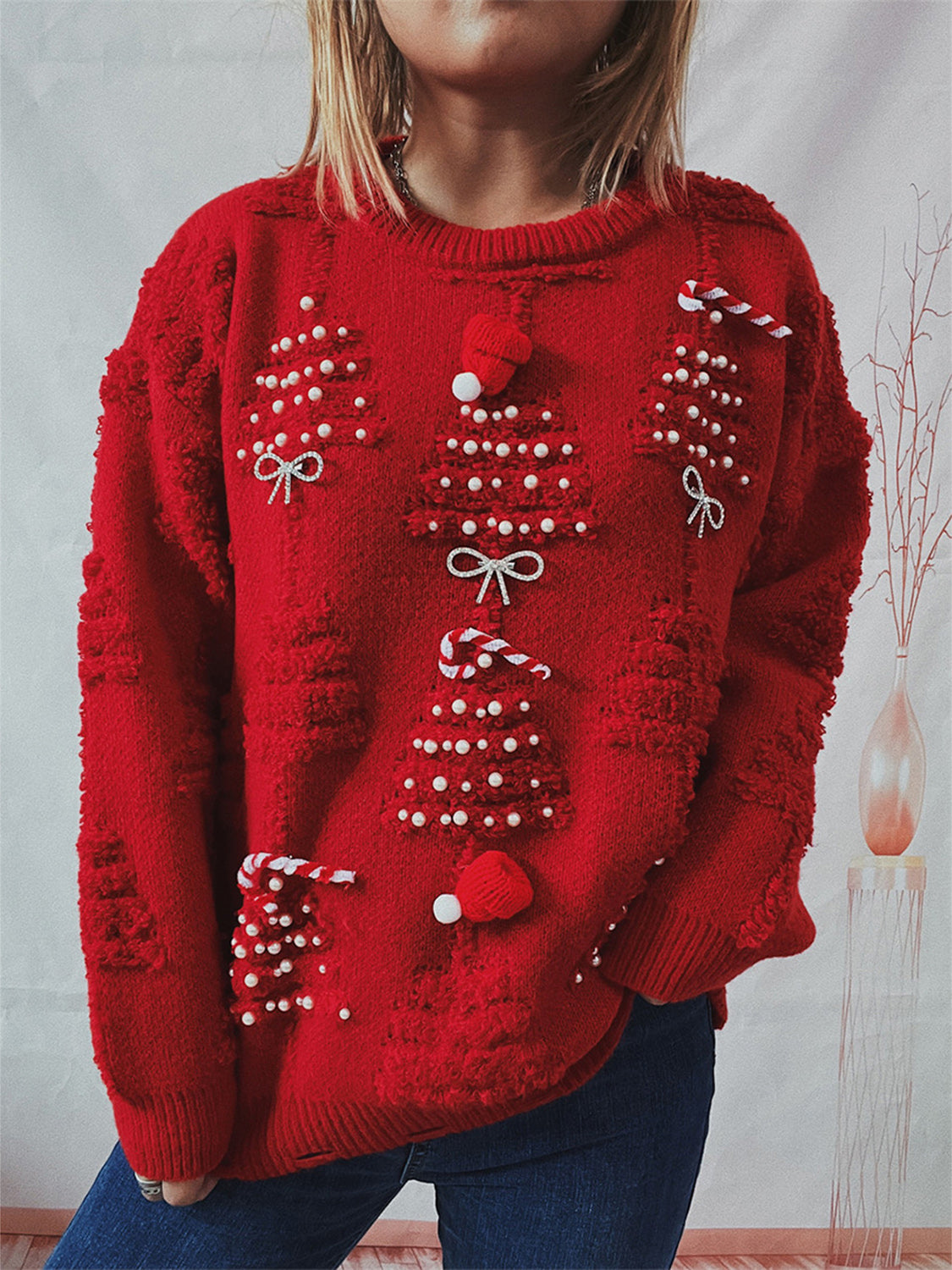 Pearl Detail Round Neck Long Sleeve Sweater Trendsi