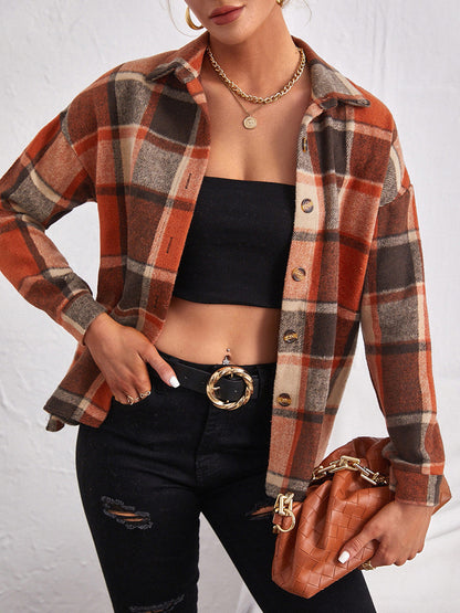 Plaid Collared Neck Button Down Jacket nicholesgifts