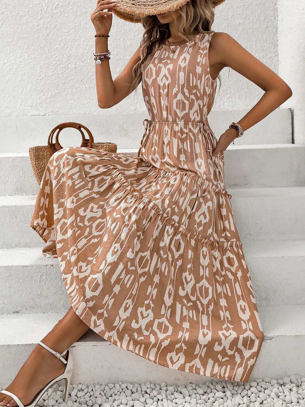 Perfee Frill Cutout Printed Round Neck Sleeveless Dress Trendsi