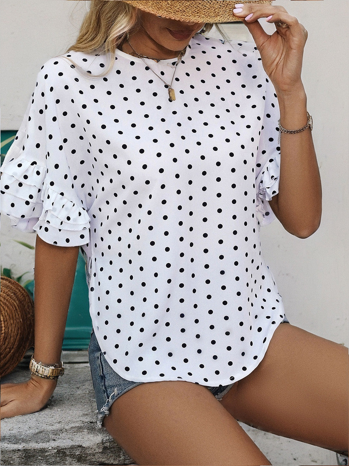 Slit Polka Dot Round Neck Half Sleeve Blouse nicholesgifts