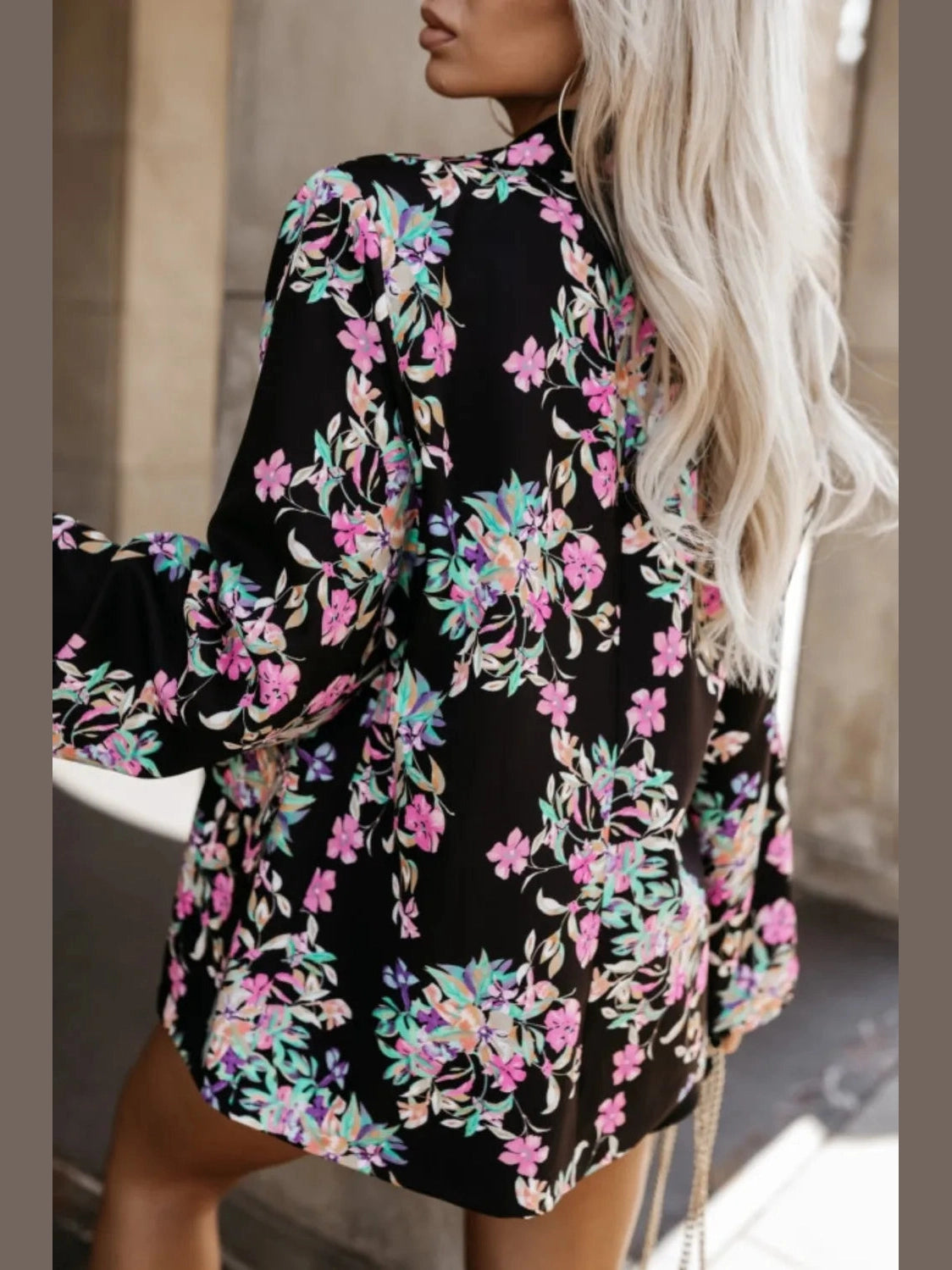 Tied Printed Collared Neck Long Sleeve Jacket Trendsi