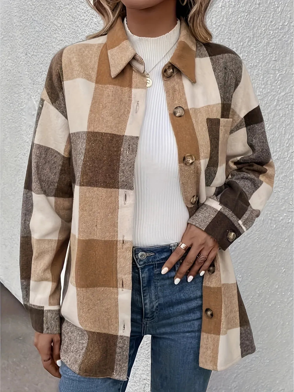 Curved Hem Plaid Collared Neck Shacket Trendsi