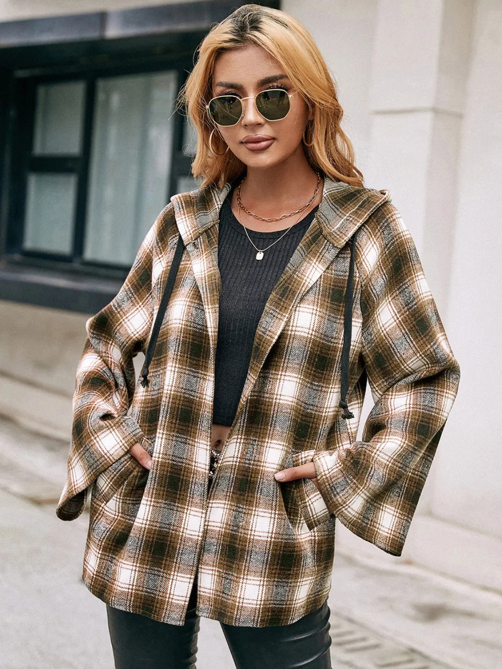 Ivy Lane Pocketed Plaid Long Sleeve Hooded Jacket nicholesgifts