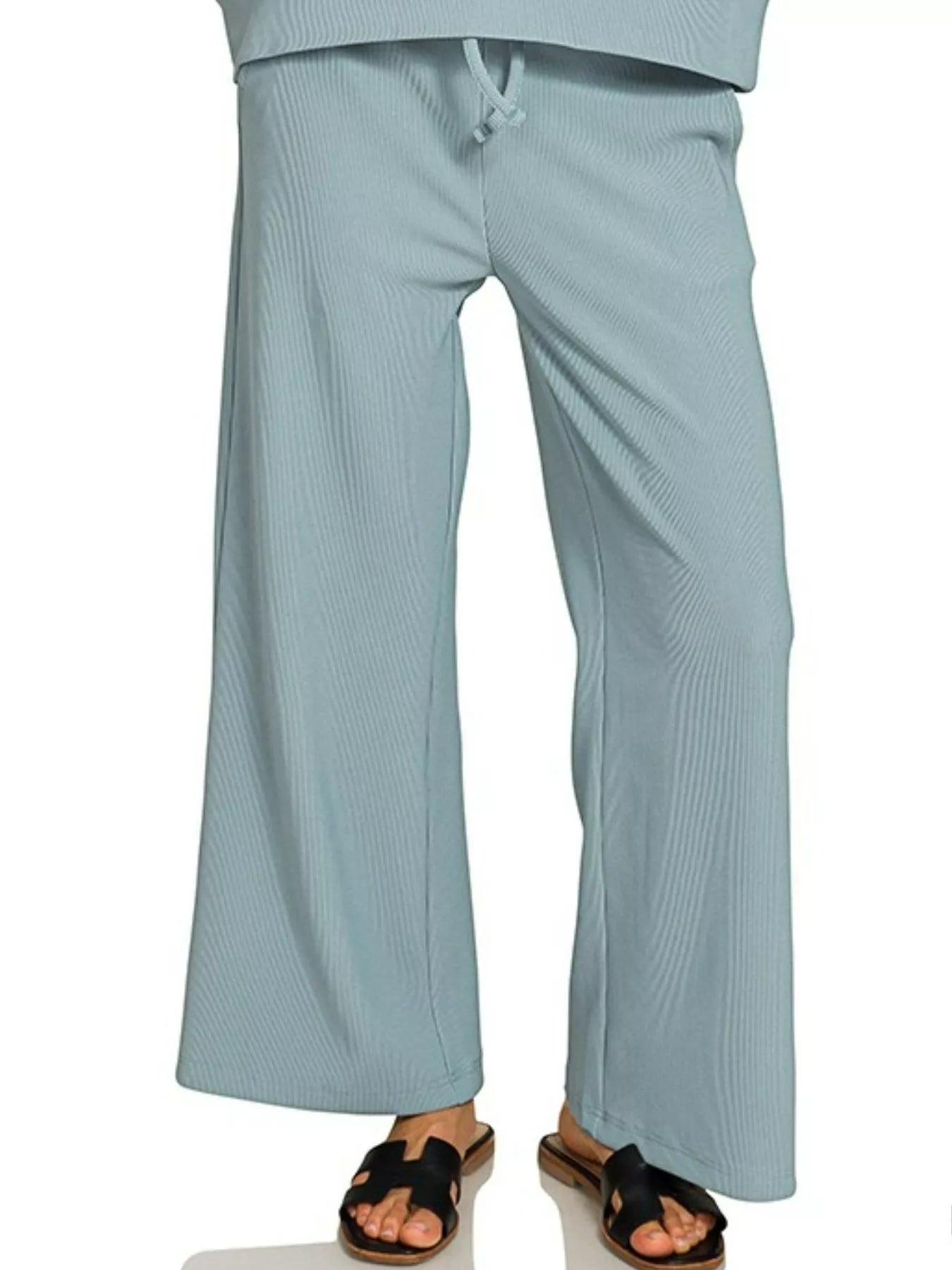 Zenana Ribbed Round Neck Pullover and Drawstring Pants Set Trendsi