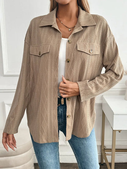 Textured Collared Neck Button Down Shacket nicholesgifts