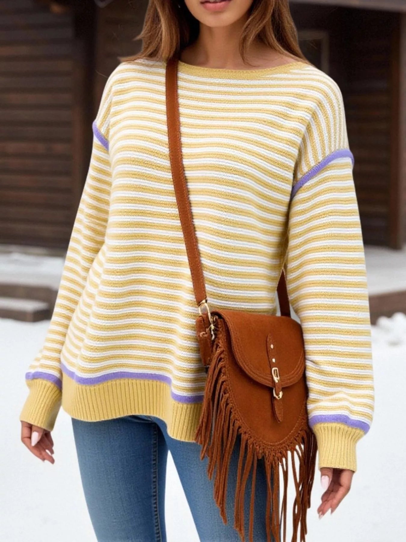 Striped Round Neck Long Sleeve Sweater Trendsi