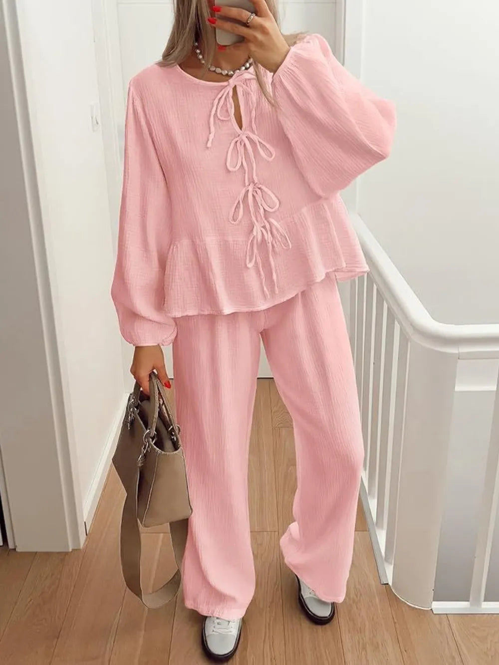 Tie Neck Balloon Sleeve Top and Pants Set nicholesgifts