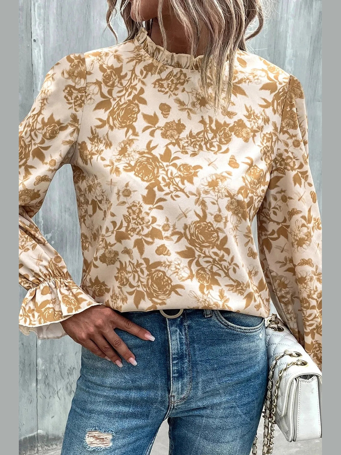 Floral Print Mock Neck Flounce Sleeve Blouse
