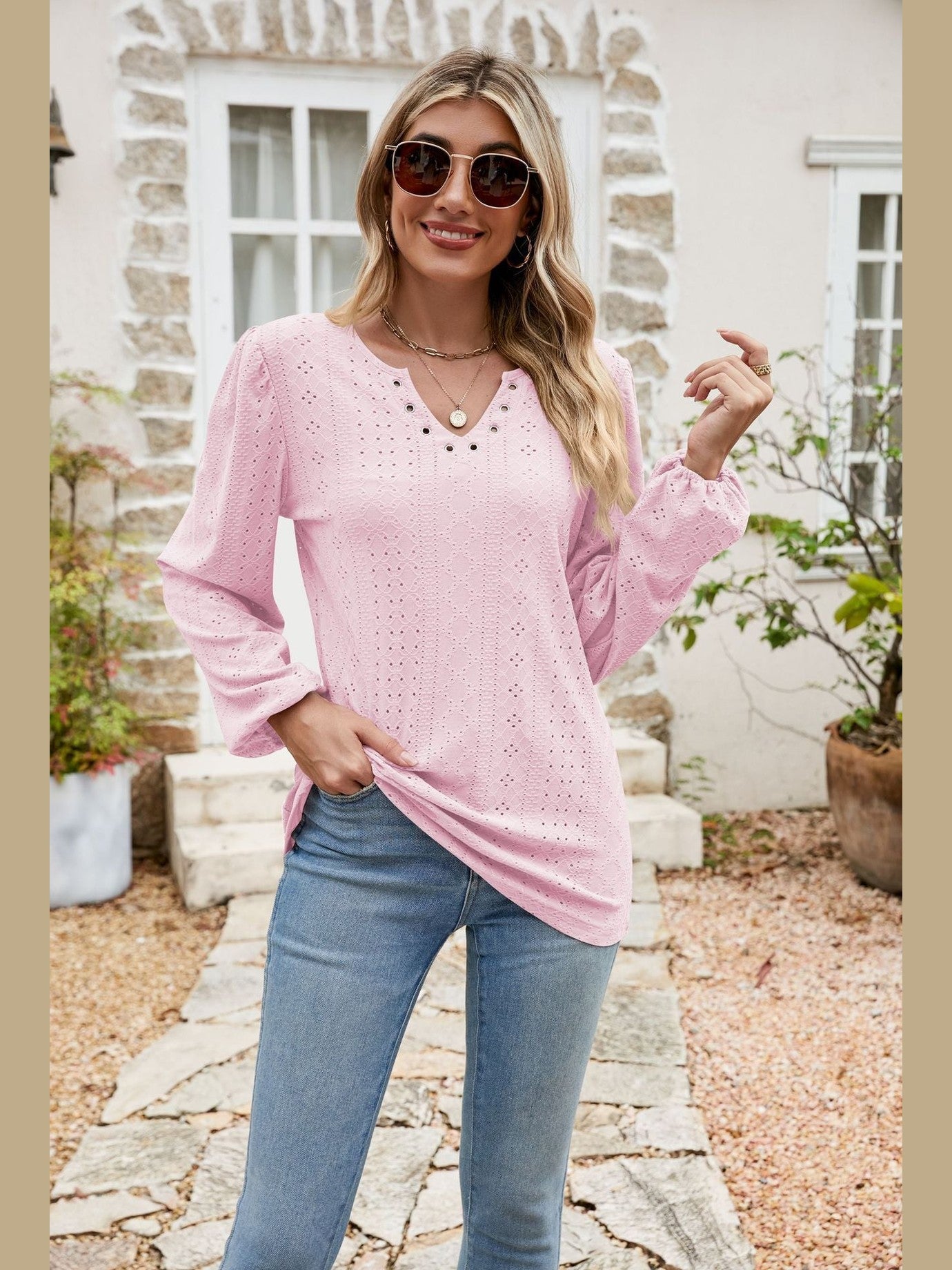 Eyelet Notched Neck Balloon Sleeve Blouse
