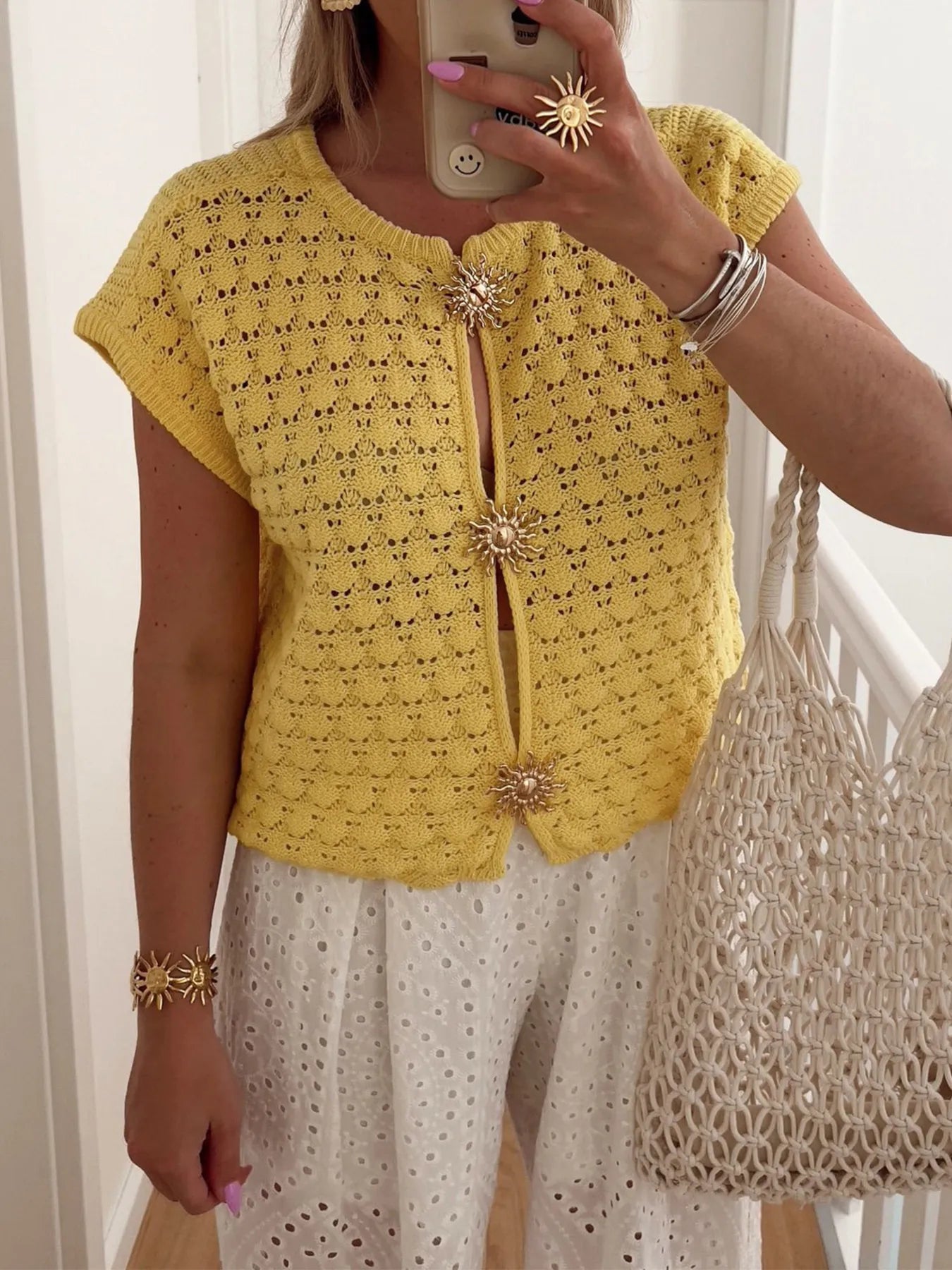 Crochet Short Sleeve Button Front Cardigan