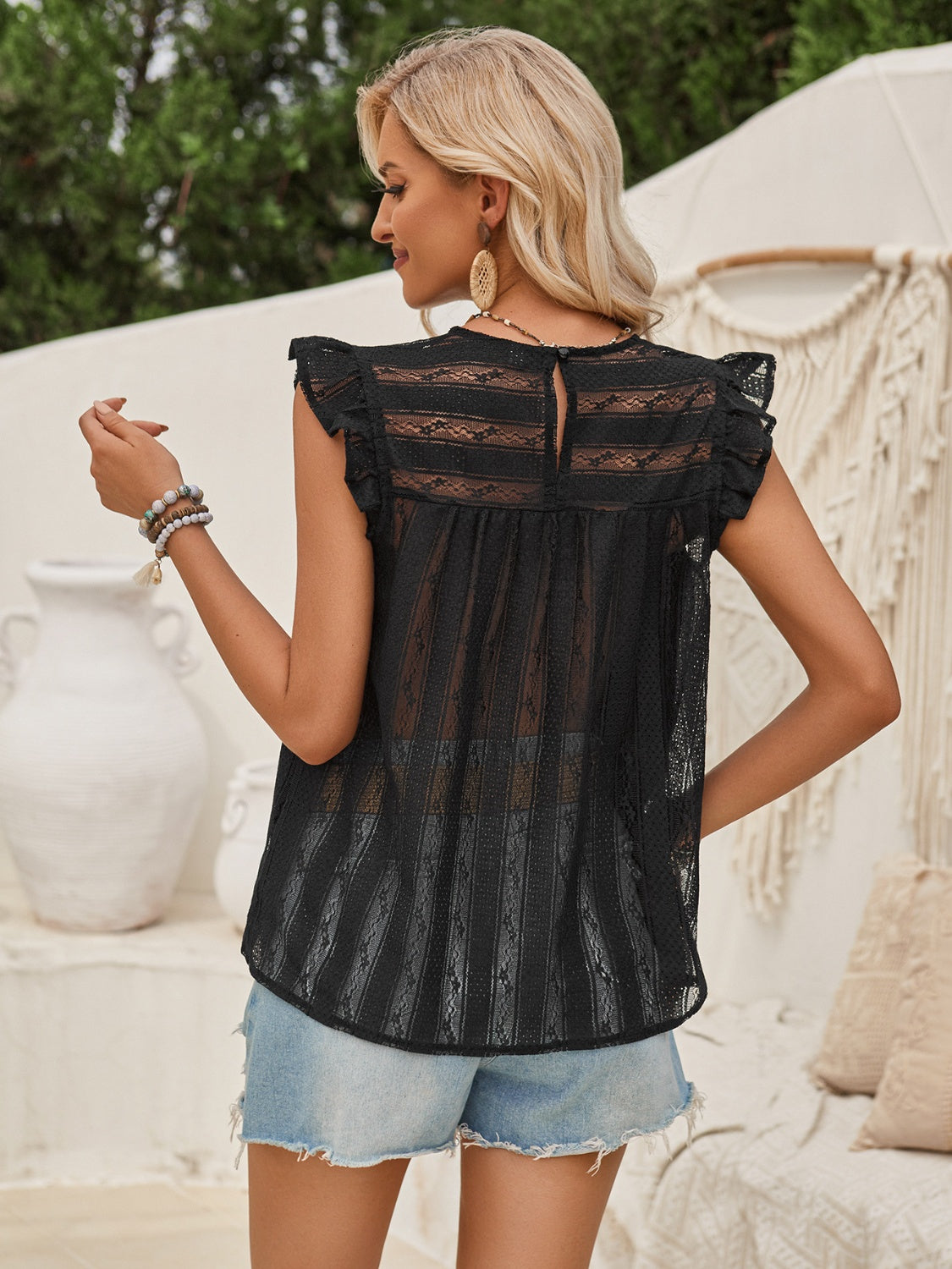 Ruffled Round Neck Cap Sleeve Blouse nicholesgifts