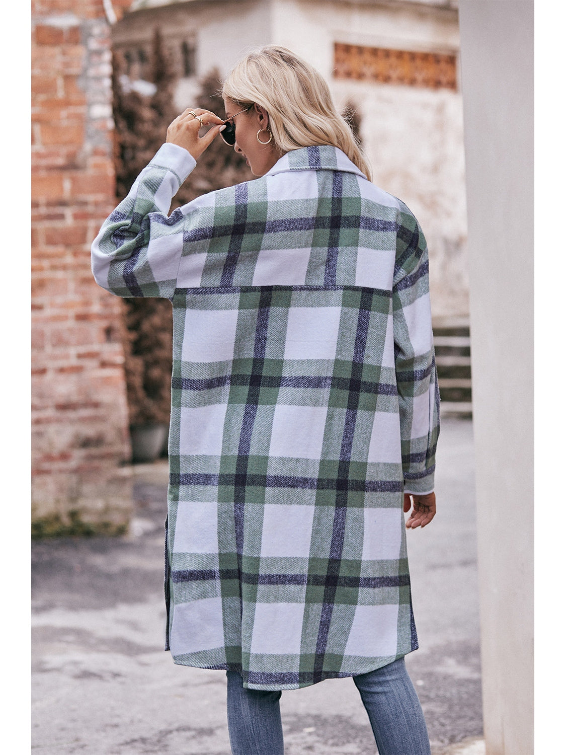 NicholesGifts Women Mandy Plaid Dropped Shoulder Longline Jacket