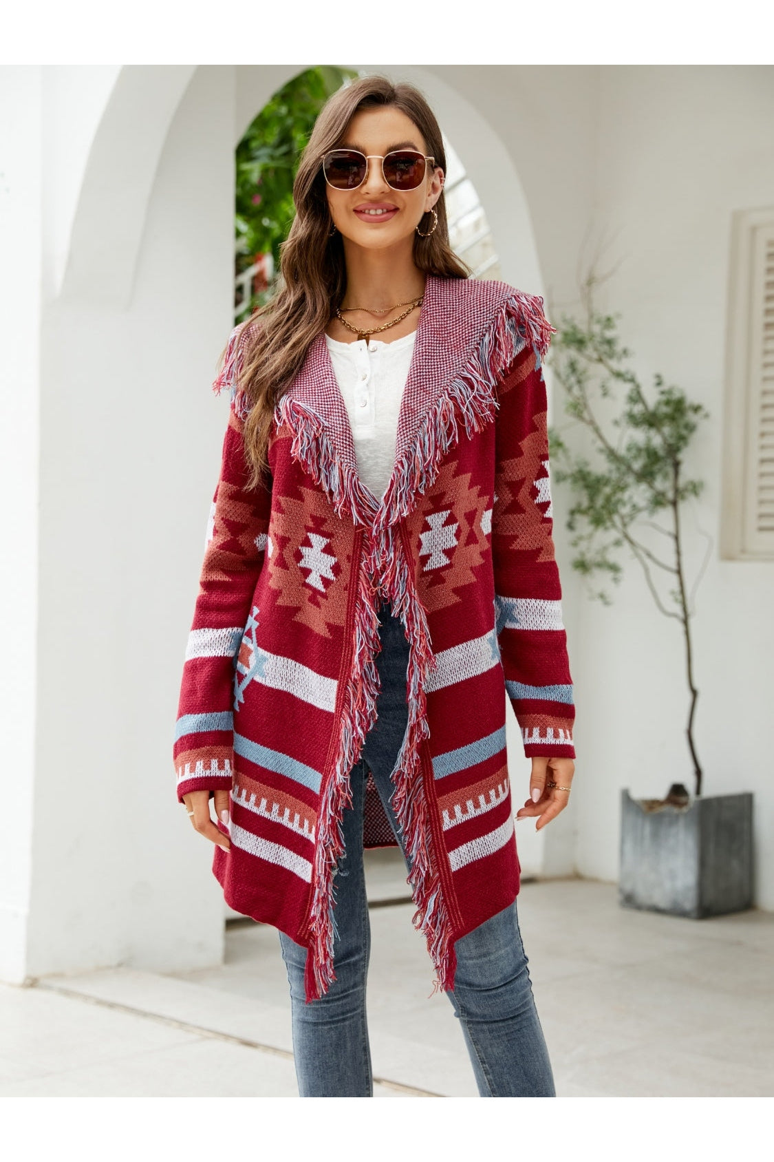 Fringe Geometric Hooded Long Sleeve Cardigan nicholesgifts