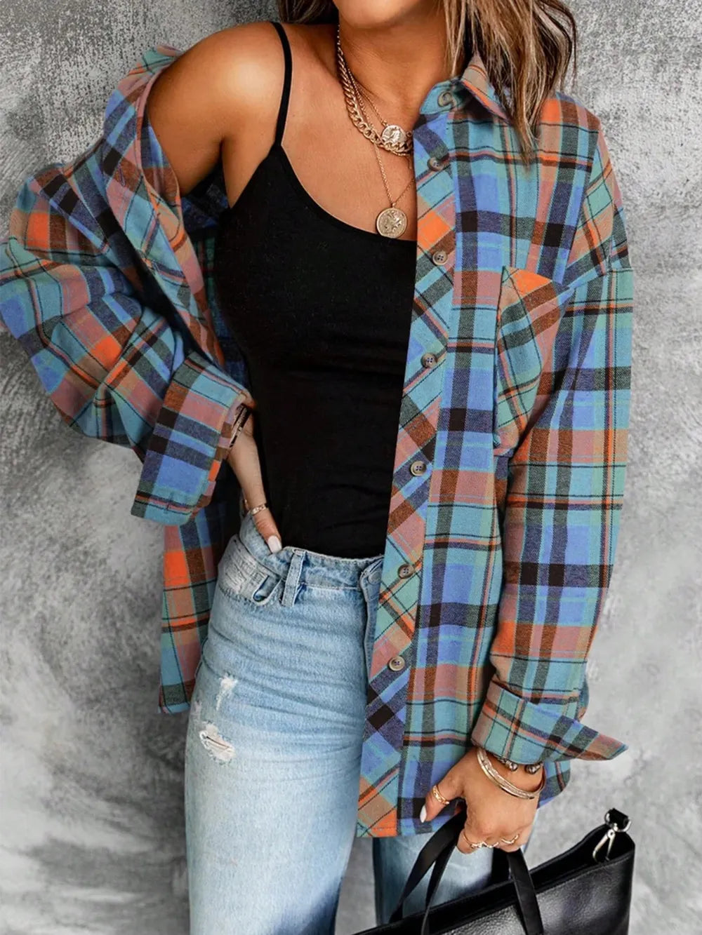 Plaid Collared Neck Long Sleeve Shirt Trendsi