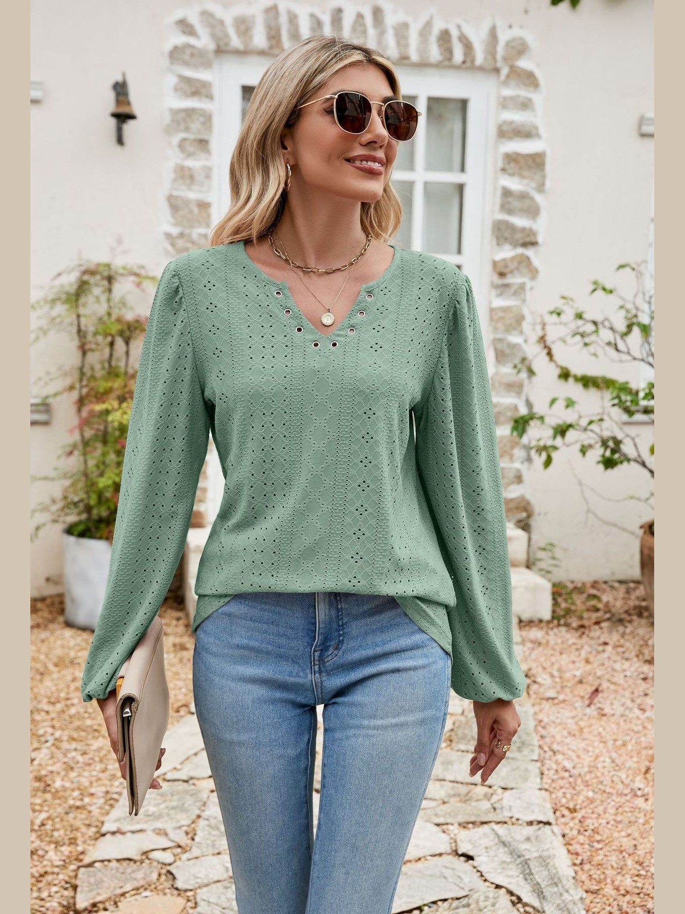 Eyelet Notched Neck Balloon Sleeve Blouse