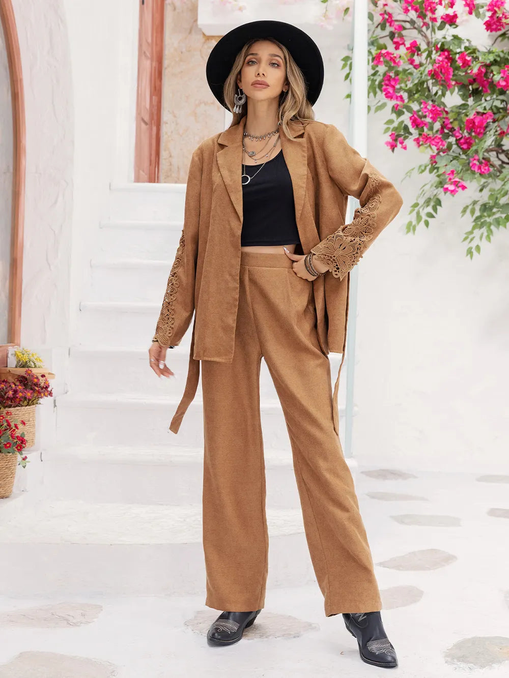 Lace Detail Collared Neck Top and Pants Set nicholesgifts