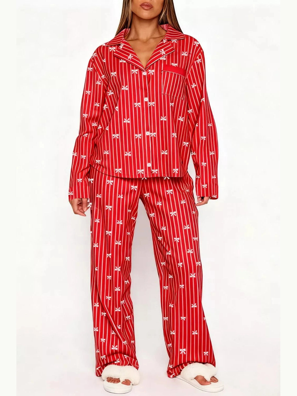 Bow Print Top and Wide Leg Pants Lounge Set nicholesgifts