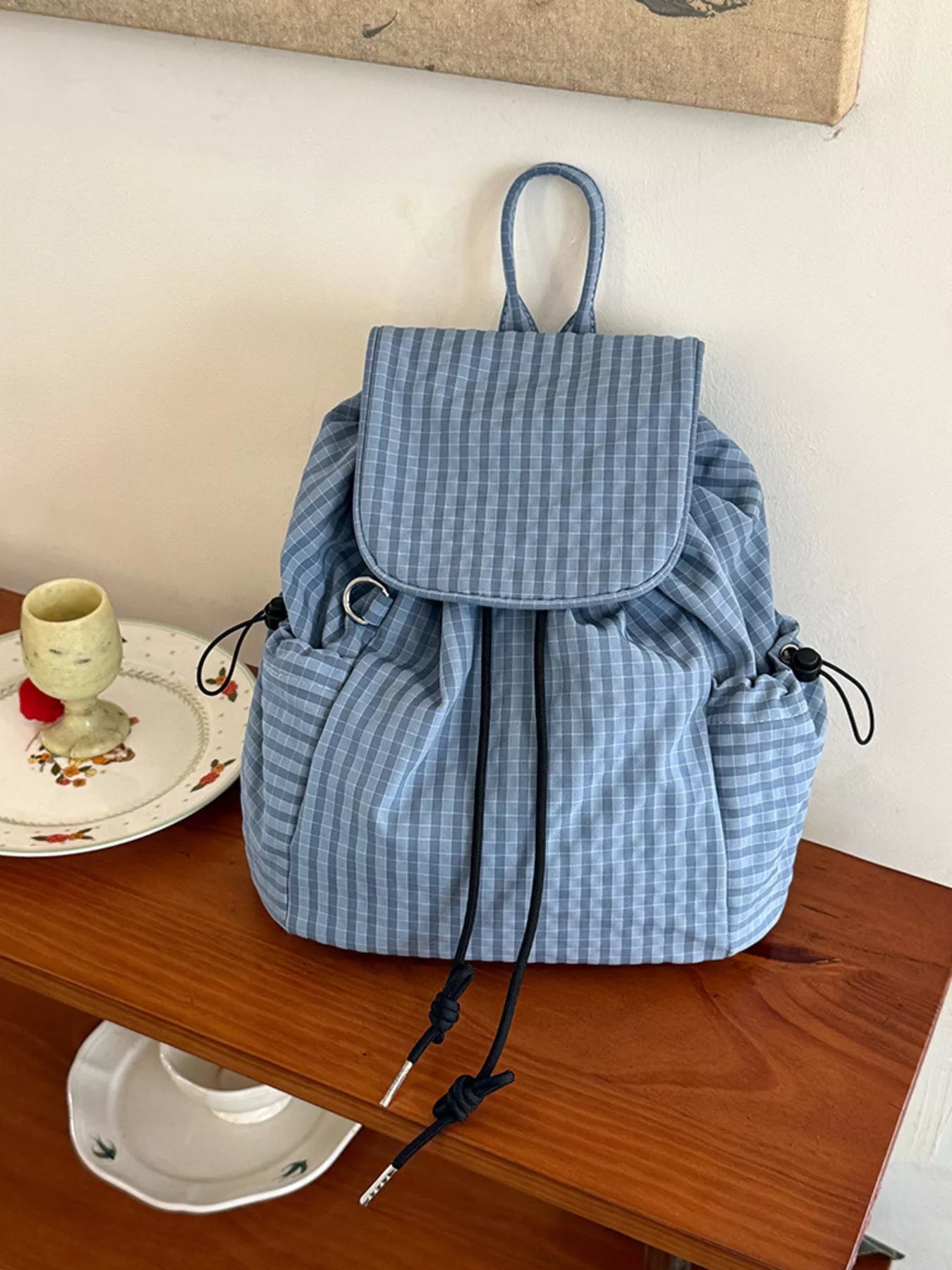 Plaid Drawstring Closure Backpack Bag nicholesgifts