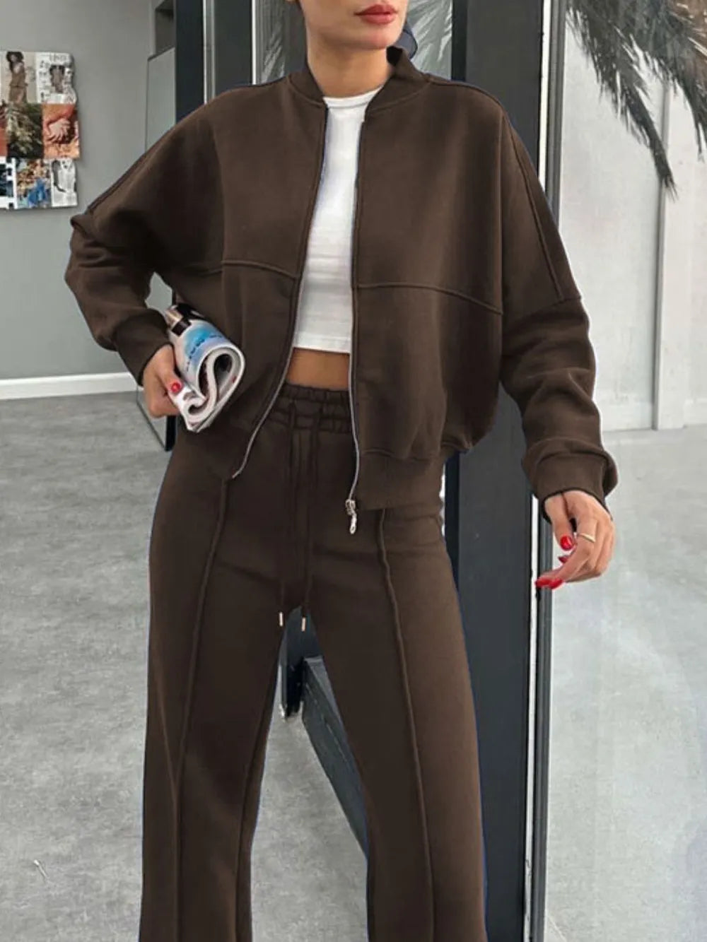Baseball Collar Zip Up Outerwear and Drawstring Pants Set nicholesgifts