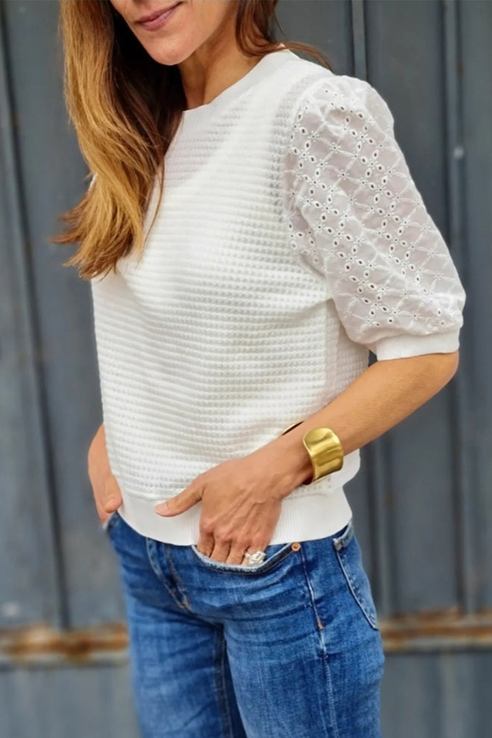 Eyelet Round Neck Half Sleeve Blouse nicholesgifts