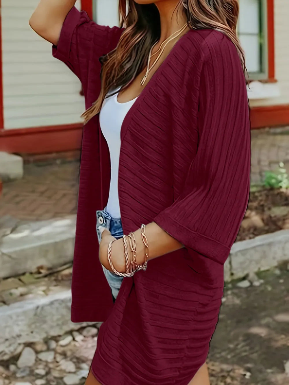 Striped Open Front Knit Cardigan nicholesgifts