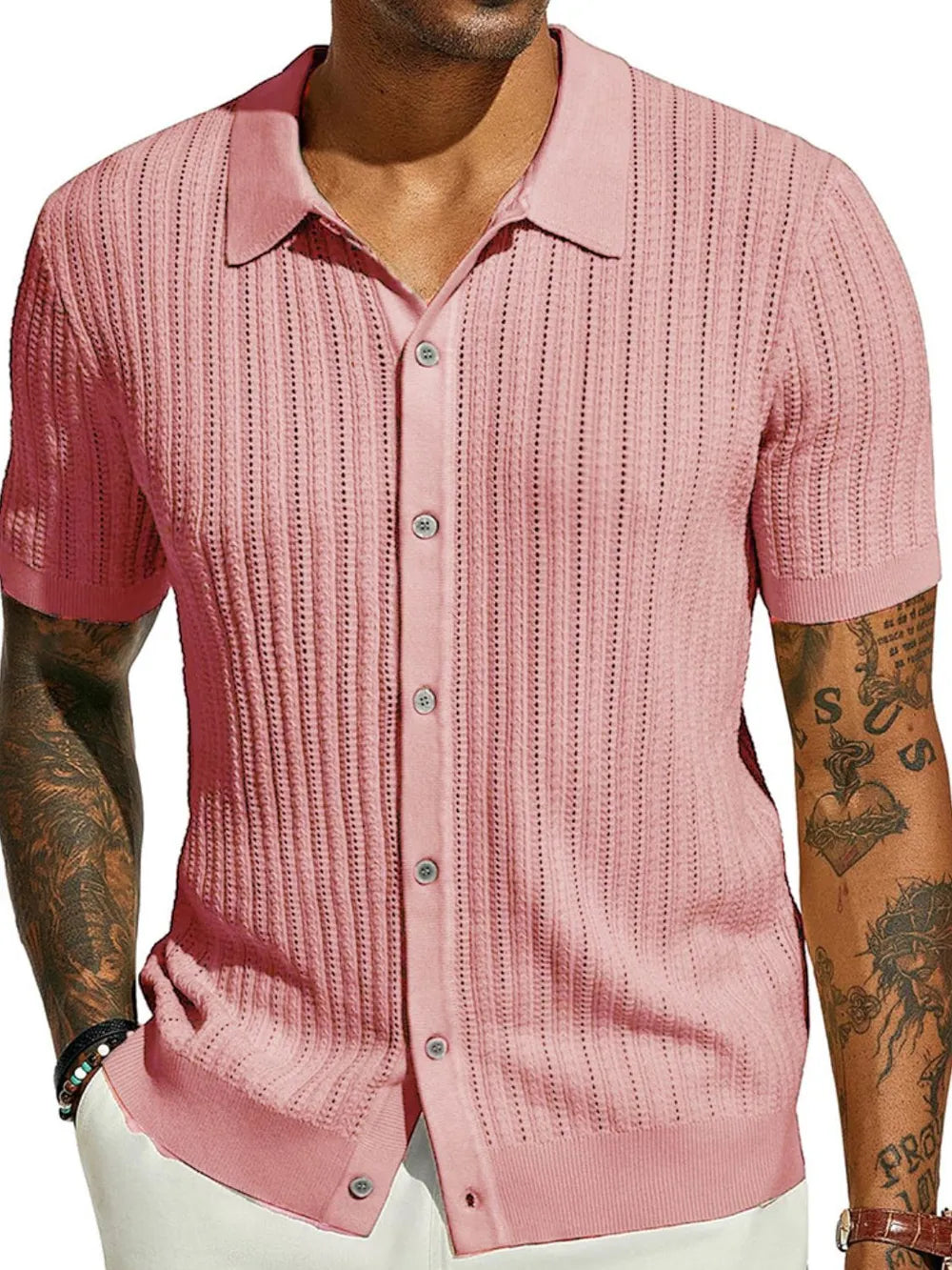 Men's Full Size Openwork Button Down Collared Neck Shirt Plus Size NicholesGifts