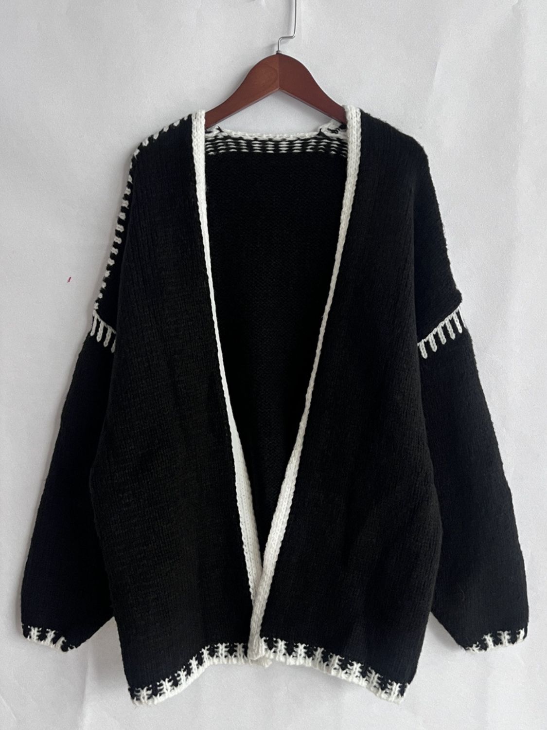 Double Take Contrast Open Front Dropped Shoulder Cardigan - NicholesGifts