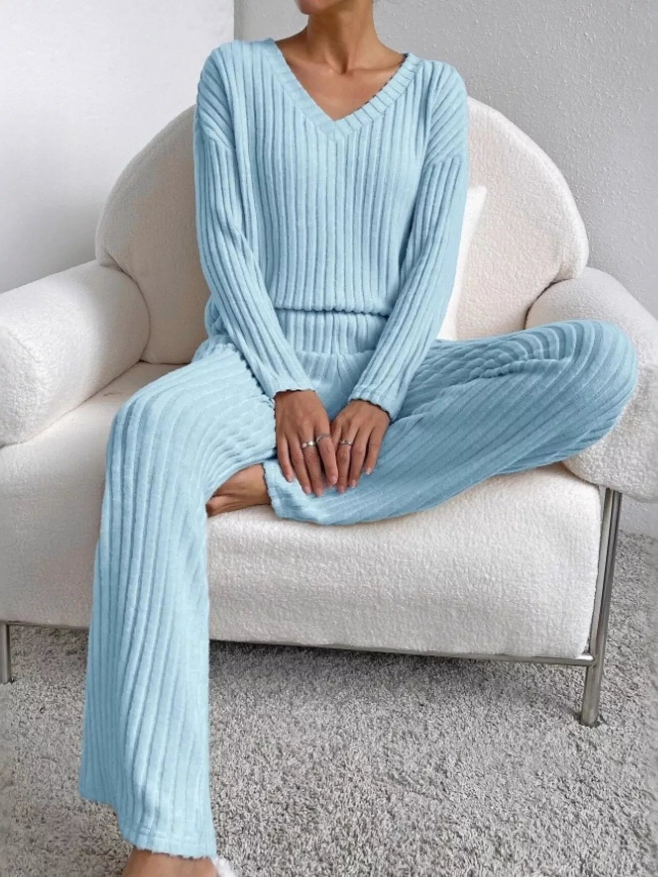 Ribbed Knit V-Neck Top and Pants Set nicholesgifts