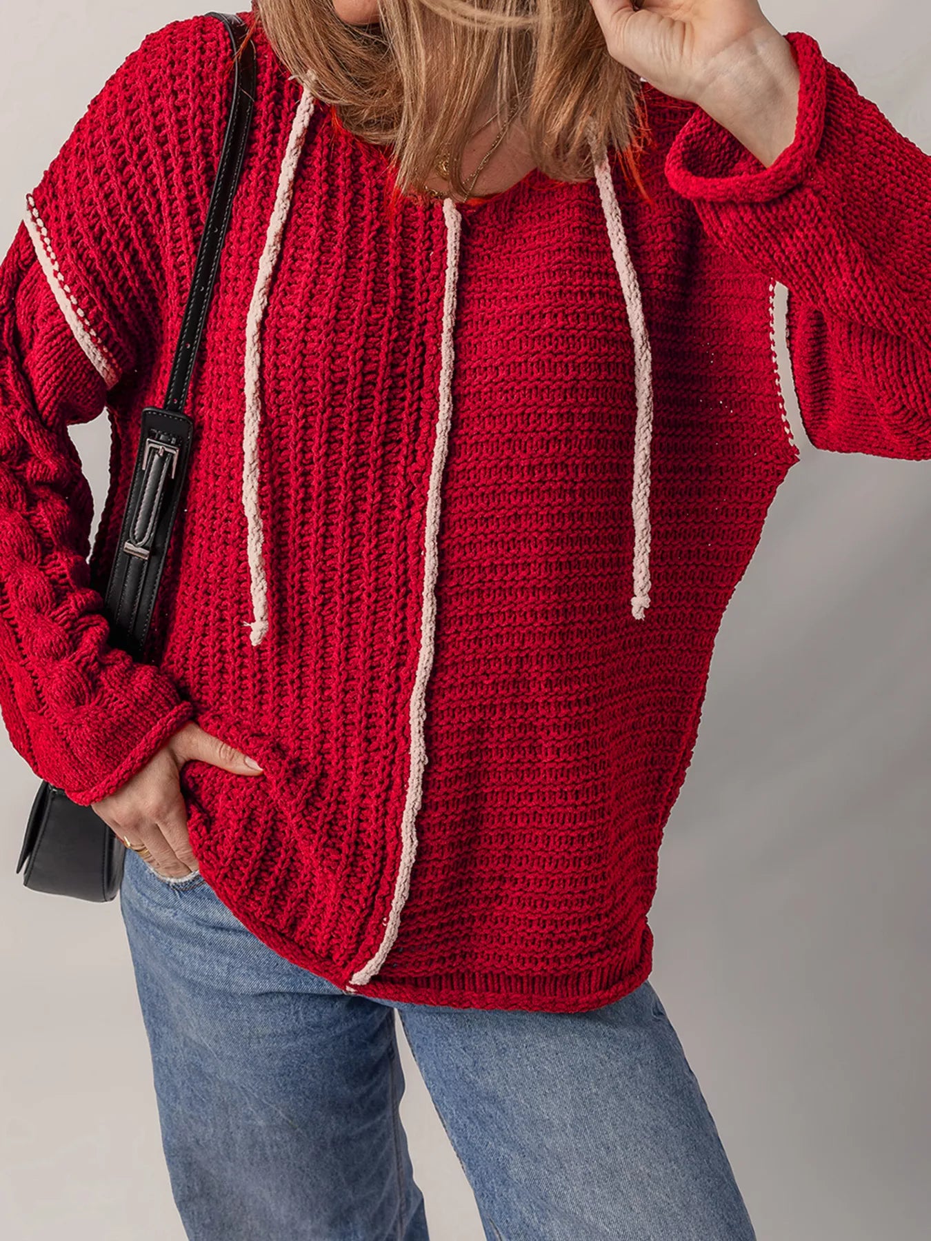 Contrast Trim Textured Knit Drawstring Hooded Sweater