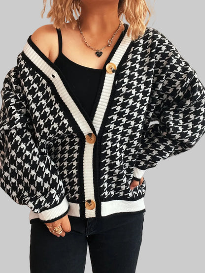 Women Houndstooth Pattern V-Neck Button-Up Cardigan Sweater nicholesgifts
