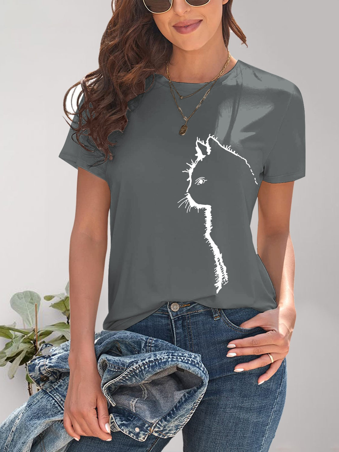 Women Cat Round Neck Short Sleeve T-Shirt