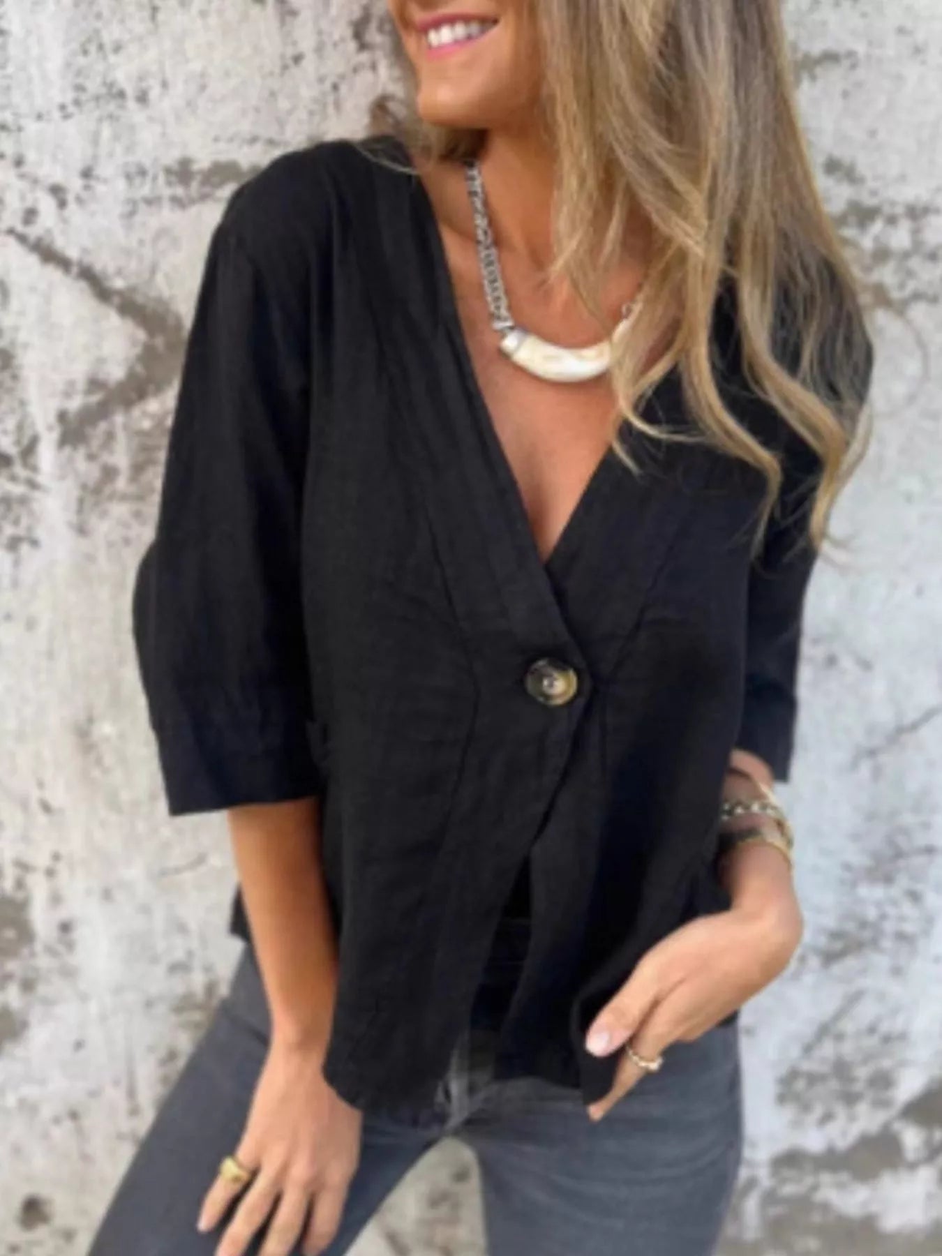 Full Size One Button V-Neck Shirt Plus Size Trendsi