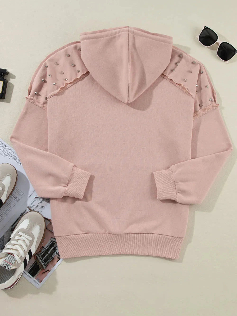 Rivet Drawstring Long Sleeve Hoodie Trendsi