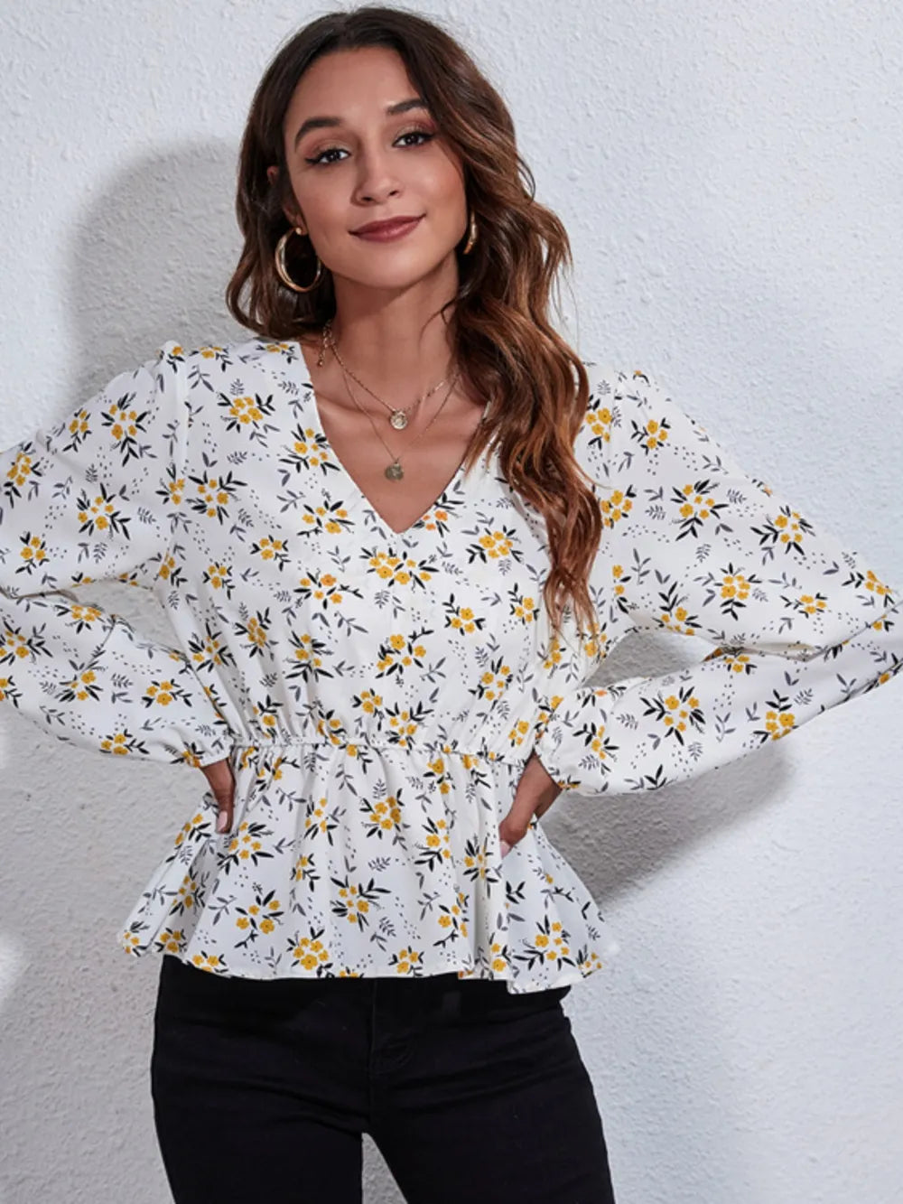 Ruched Printed V-Neck Long Sleeve Blouse nicholesgifts