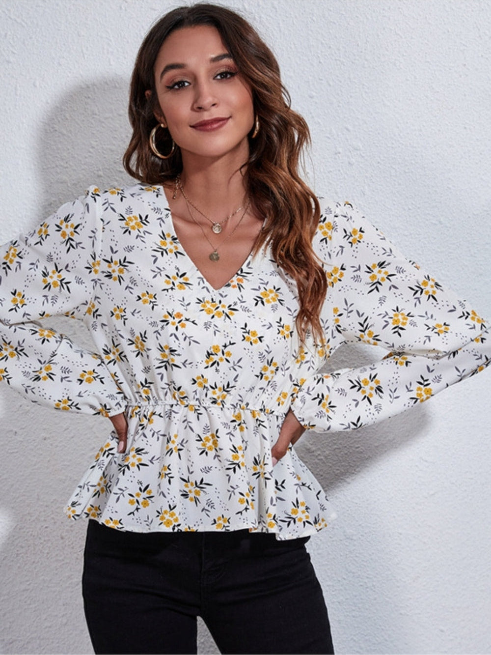 Women Ruched Printed V-Neck Long Sleeve Blouse nicholesgifts