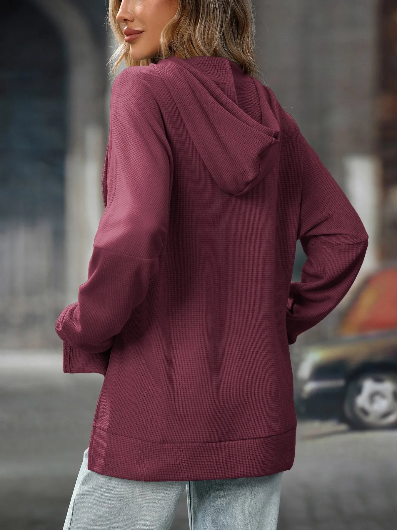 Textured Drawstring Long Sleeve Hoodie