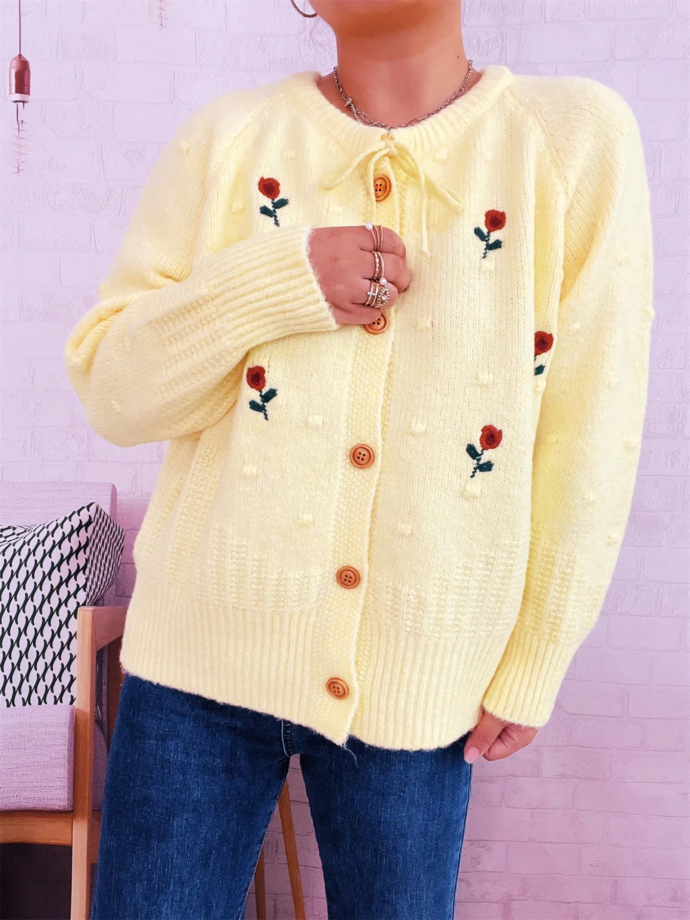 Rose Embroidered Button-Up Cardigan