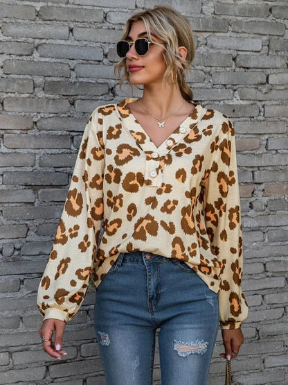 Leopard V-Neck Decorative Button Long Sleeve Blouse nicholesgifts