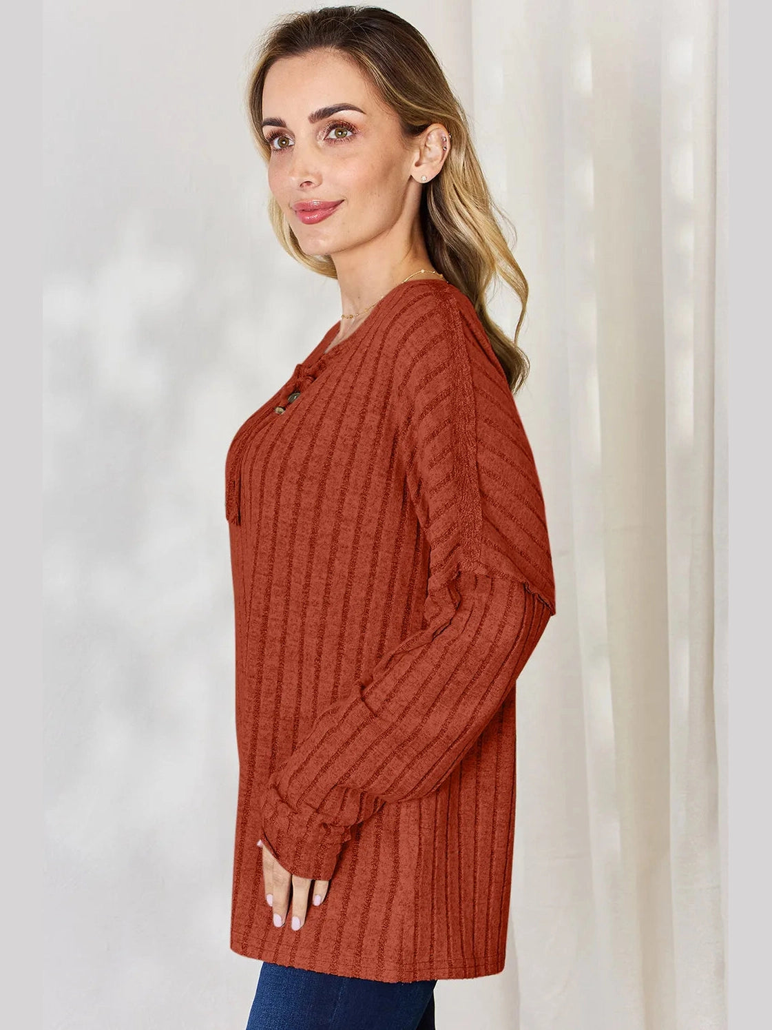 Basic Bae Full Size Ribbed Half Button Long Sleeve T-Shirt nicholesgifts