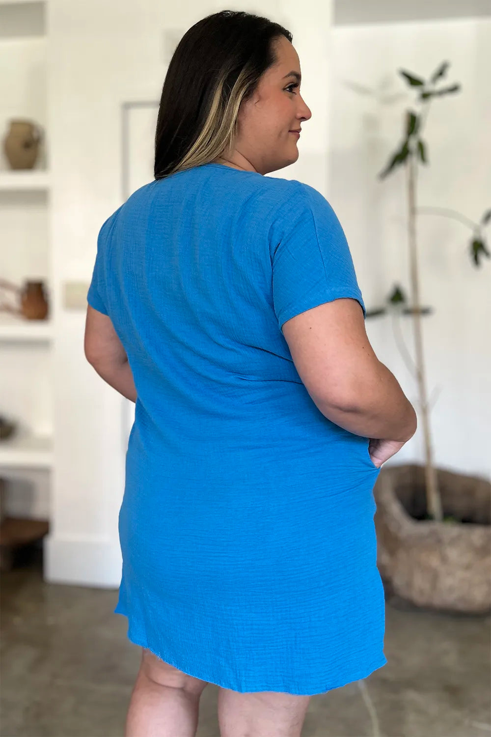 FAM-FAM Slit Notched Short Sleeve Mini Dress Trendsi